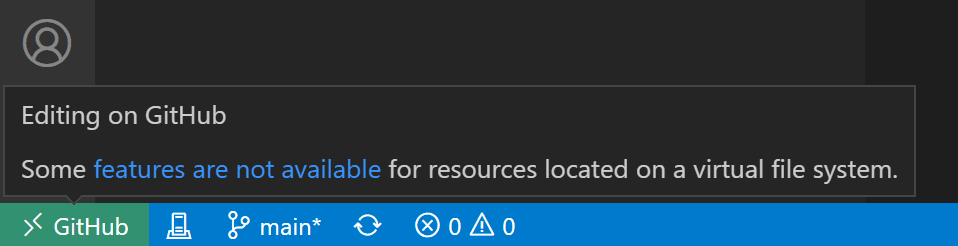 Screenshot showing unavailable virtual workspace features in the Remote indicator hover.