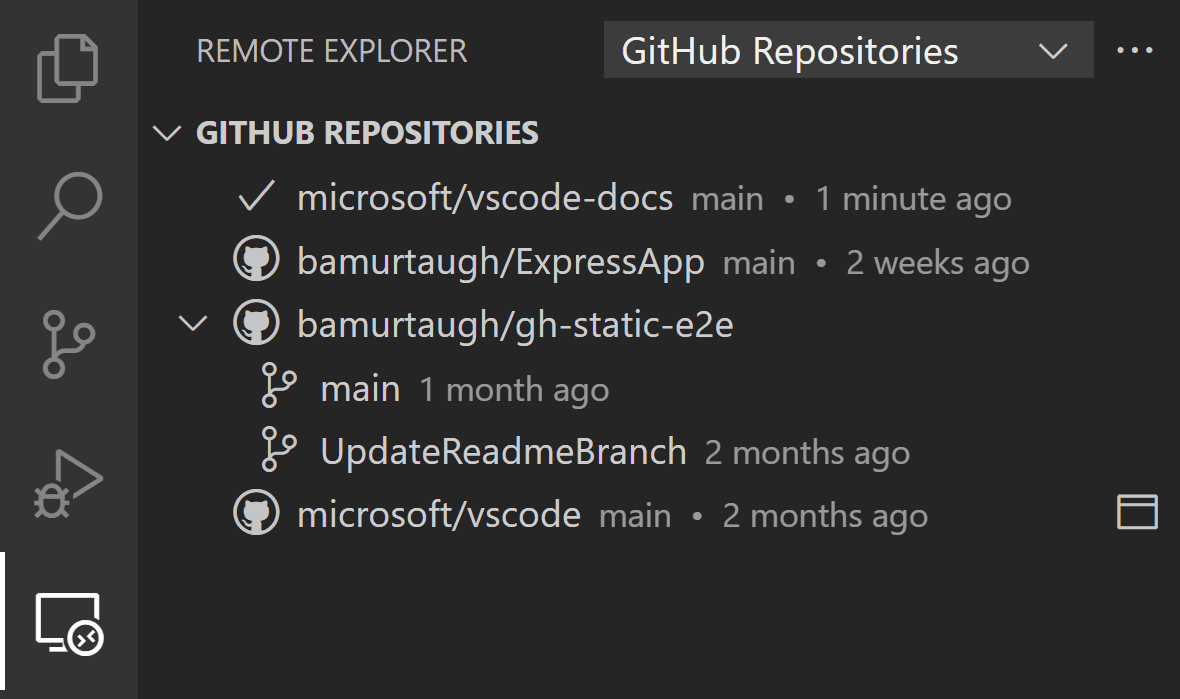 Screenshot showing remote GitHub repositories in Remote Explorer.