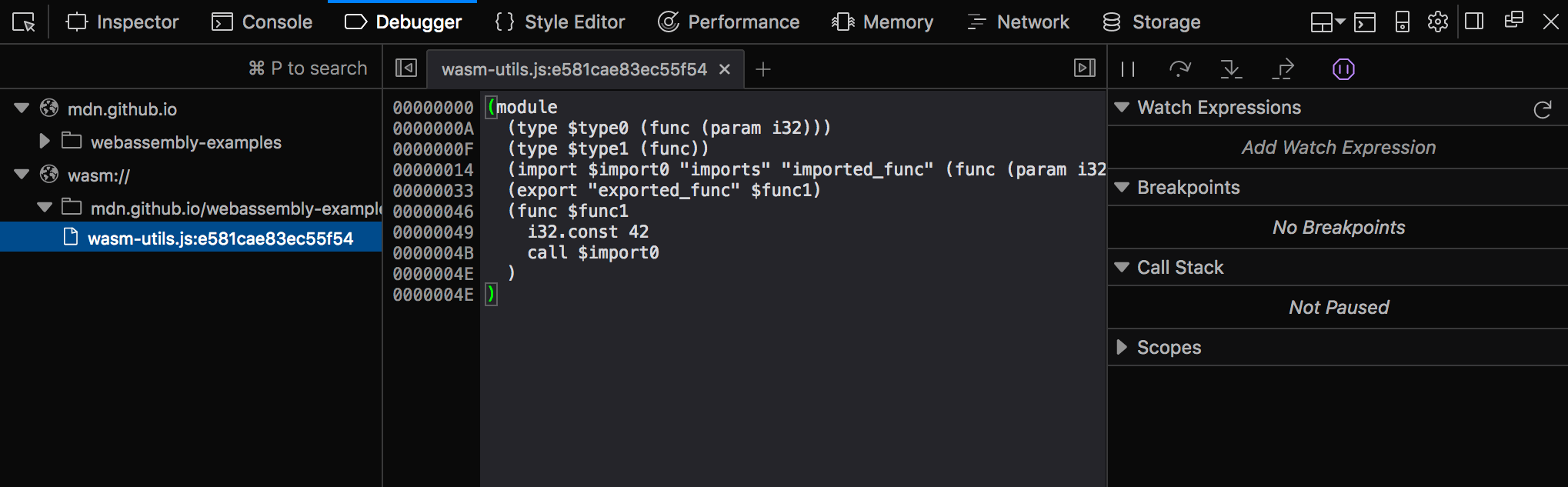Entwickler-Tools Debugger-Panel, das ein Modul hervorhebt.