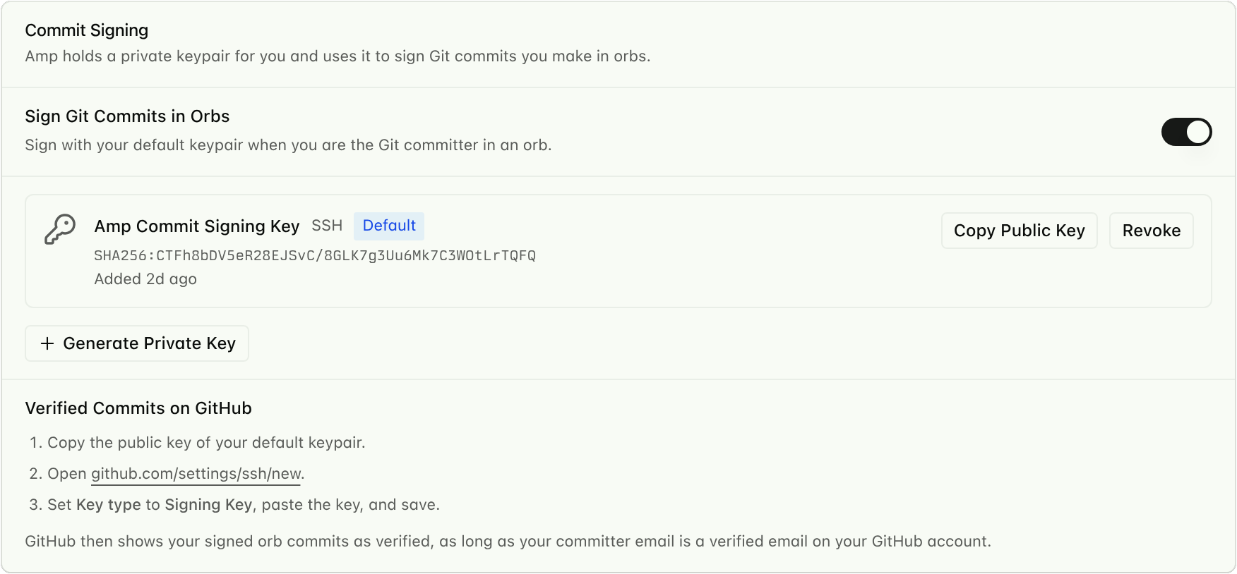 The Commit Signing settings with the Sign Git Commits in Orbs switch turned on, a default Amp Commit Signing Key, and steps for verified commits on GitHub