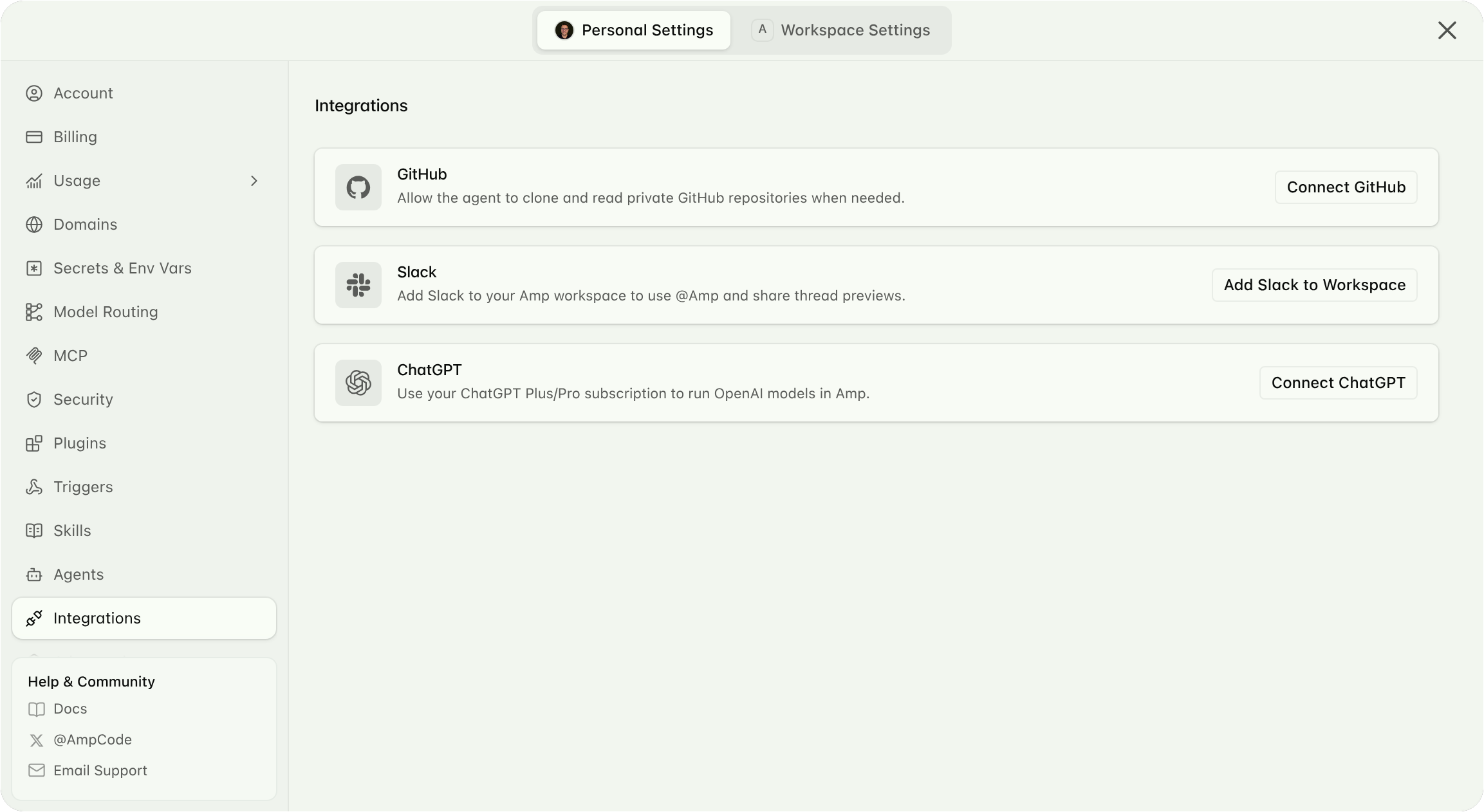 The Integrations settings page with a GitHub card that reads Allow the agent to clone and read private GitHub repositories when needed, and a Connect GitHub button