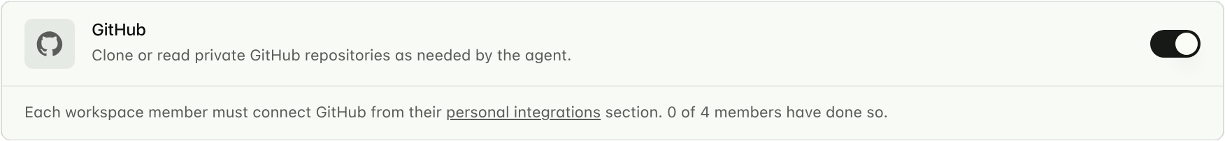 The workspace GitHub integration card with its switch turned on and a note that each member must connect GitHub from their personal integrations