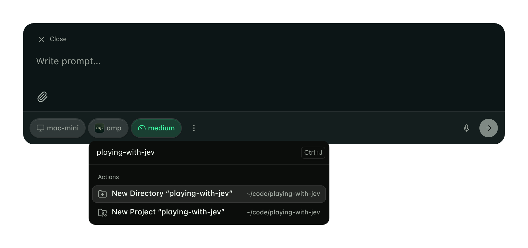 The new thread composer with the mac-mini runner selected and playing-with-jev typed in the open folder picker, showing New Directory and New Project at ~/code/playing-with-jev