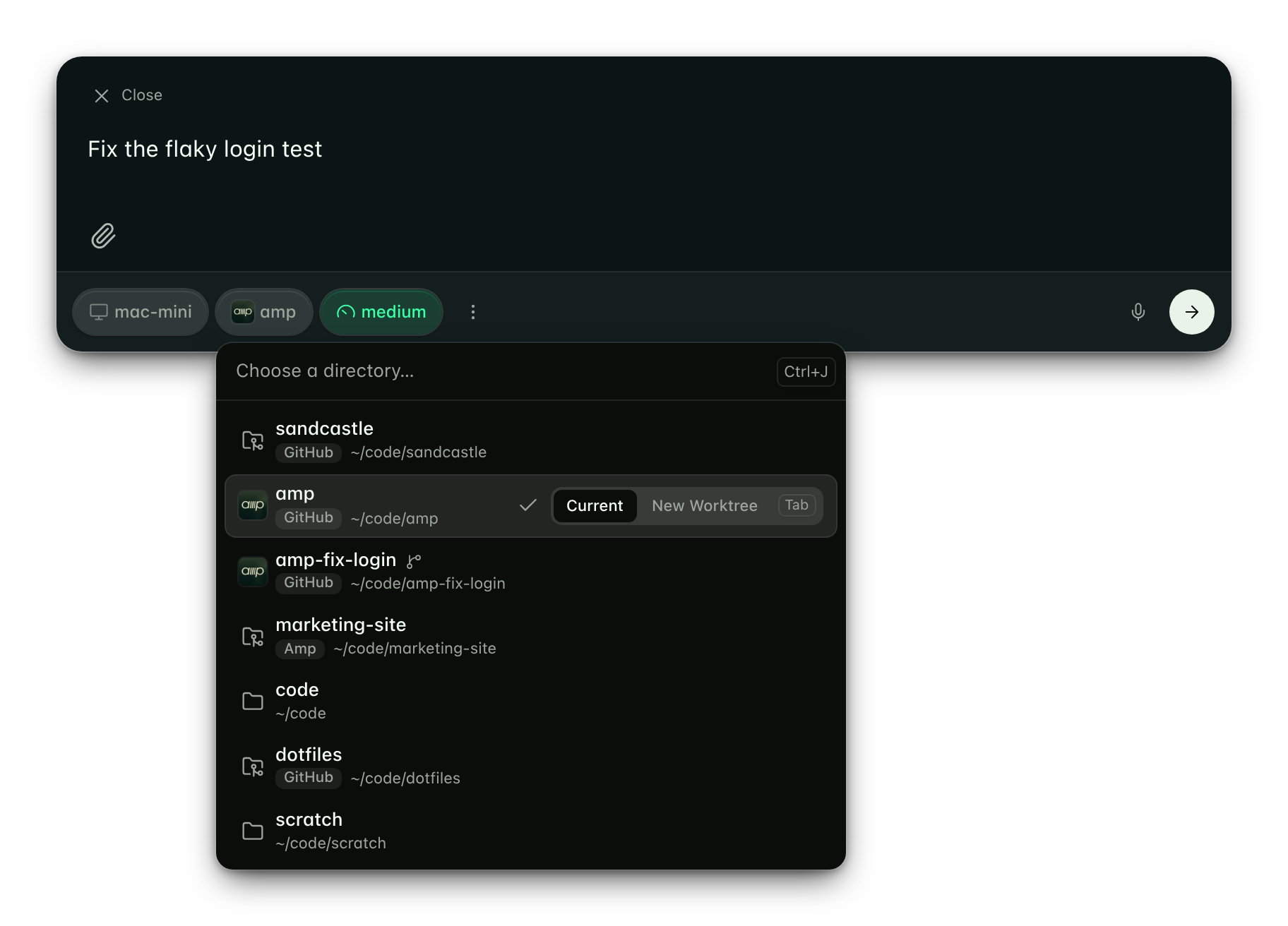 The new thread composer with the runner mac-mini selected and the directory picker open. The amp repository is highlighted and offers Current or New Worktree.