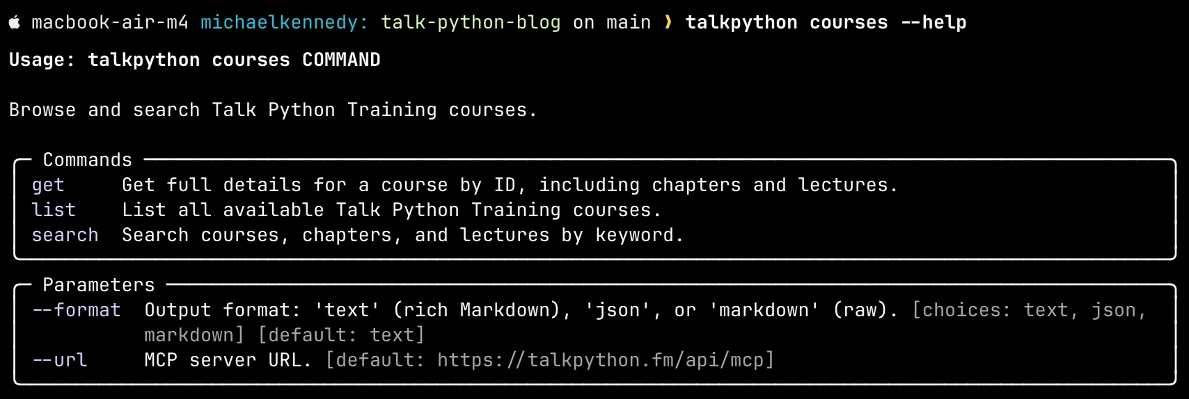 Talk Python CLI searching Talk Python Training courses in the terminal