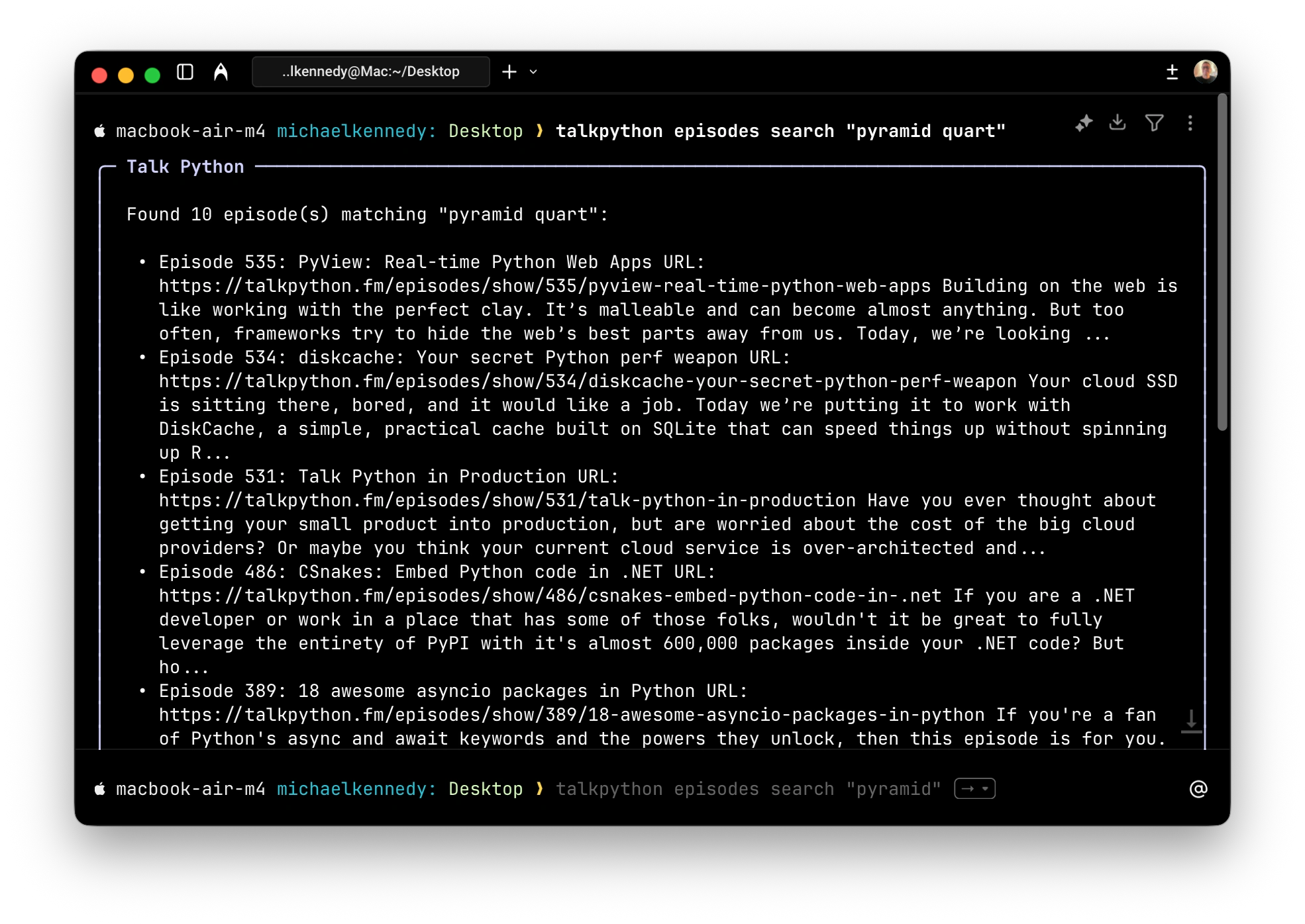 Talk Python CLI searching episodes and transcripts for ‘pyramid quart’ in the terminal