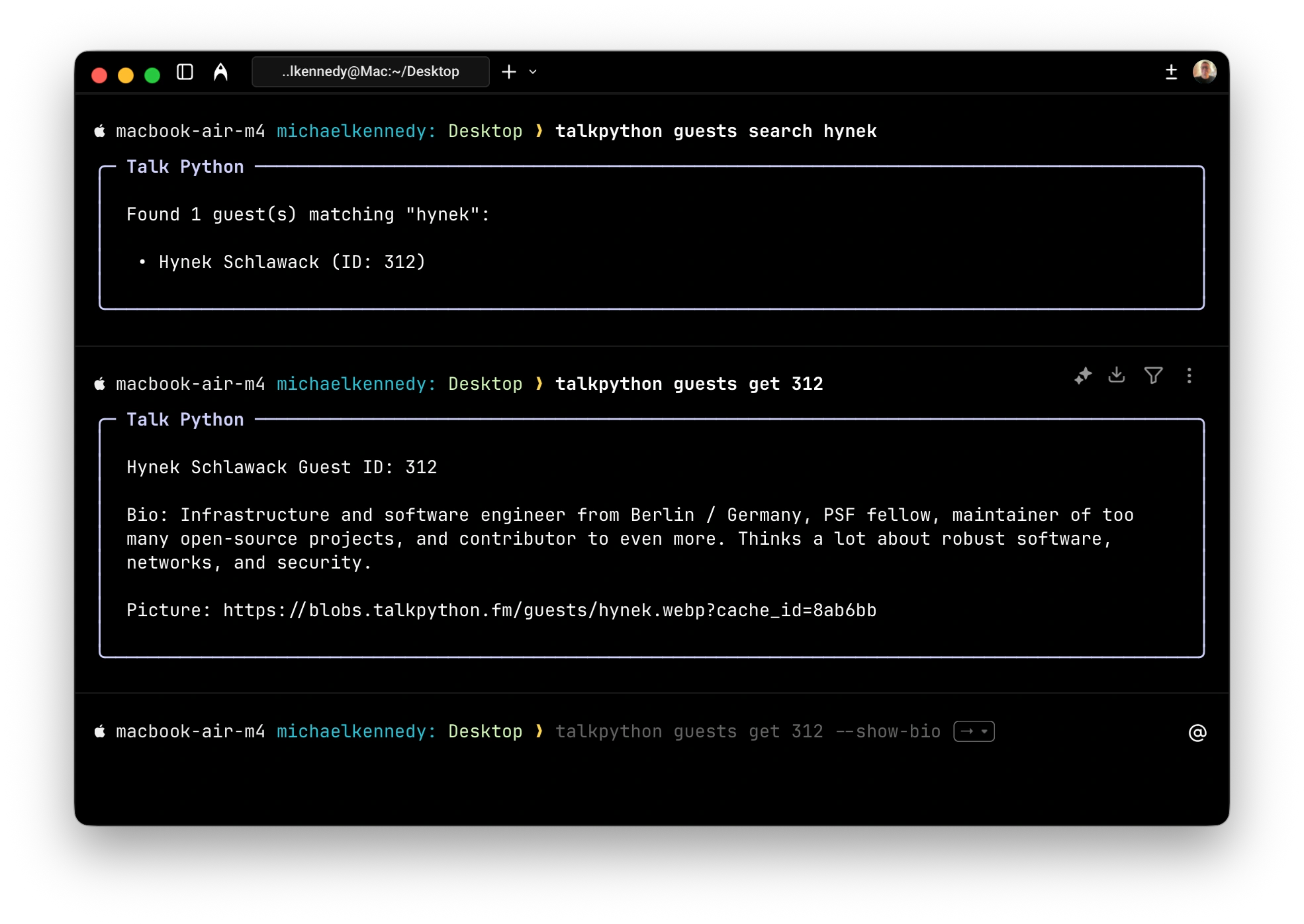 Talk Python CLI guest search results in the terminal